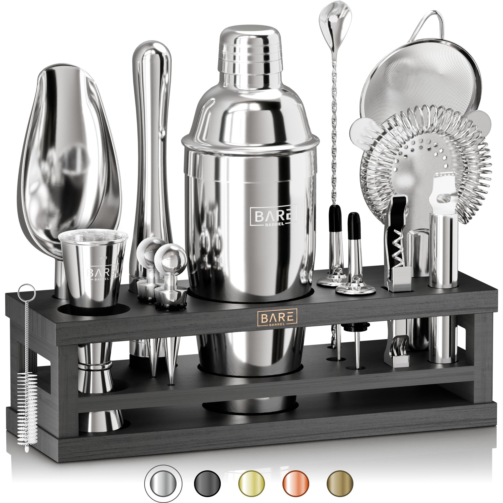 Photo 1 of BARE BARREL® Mixology Bartender Kit Bar Set | 16-Piece Cocktail Shaker Set | Martini Barware Mixing Tools for Home Bartending | Incl. 35 Recipe Cards | Gift Set (24oz Cobbler Shaker, Silver/Black)