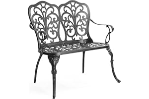 HOMEFUN Outdoor Bench, Patio Garden Benches Metal Loveseat Cast-Aluminum Outdoor Furniture for Park Lawn Front Porch Black