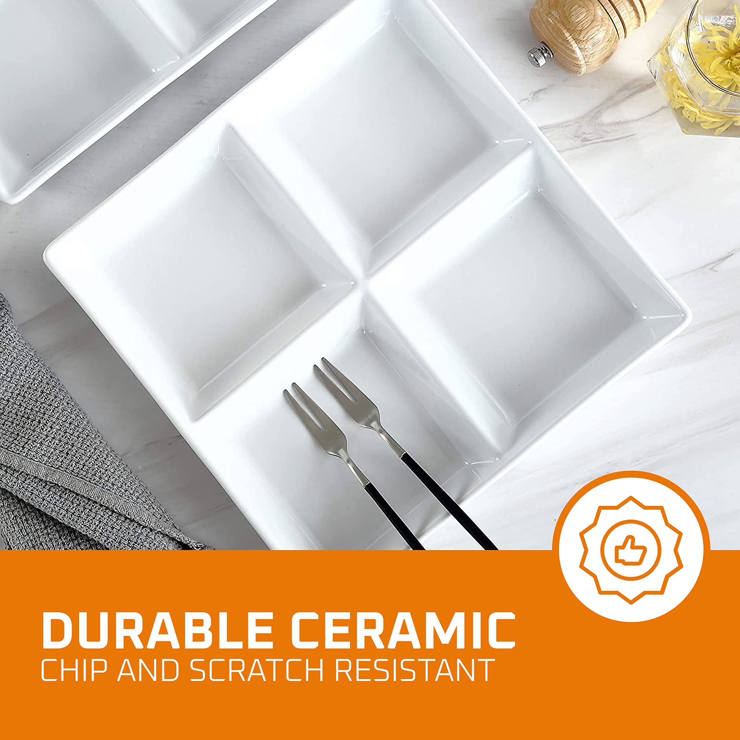 Bruntmor Snacks Dinner Serving Tray Dish in White |10 x 10 inch Set of 2 Decorative Ceramic Appetizer 4 -Compartment Serving Platter Tray | Chafing Dish | Serving Dishes