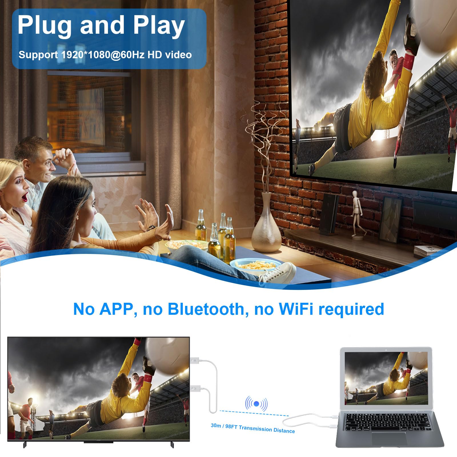 ANGEET Wireless HDMI Transmitter and Receiver 2.4/5GHz, 1080P HD Wireless HDMI Extender Streaming Video/Audio to Monitor, Projector, HDTV from PC, Laptop, Camera, TV Box, 98FT/30M, Plug & Play