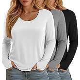 Evervibe 3 Pack Women's Plus Size Shirts Long Sleeve Scoop Neck T Shirts Cotton Basic Tops Loose Tees with Thumb Holes