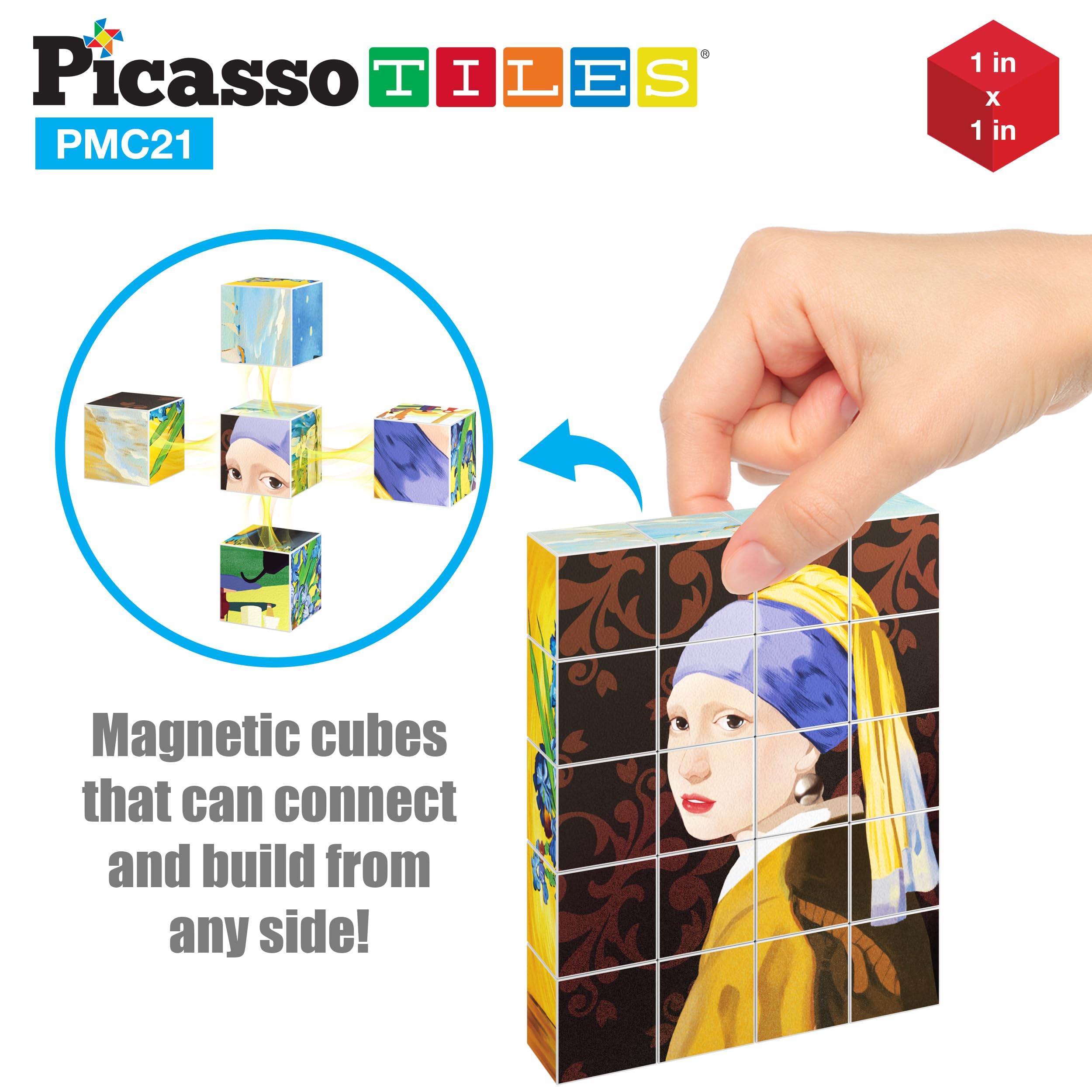 PicassoTiles 1” Magnetic Puzzle Building Cubes Blocks of Popular World Famous Art Paintings with Free Frame, Educational STEAM Toys for 3+ Year Old Boys Girls Toddlers Or Preschool Age Children PMC21