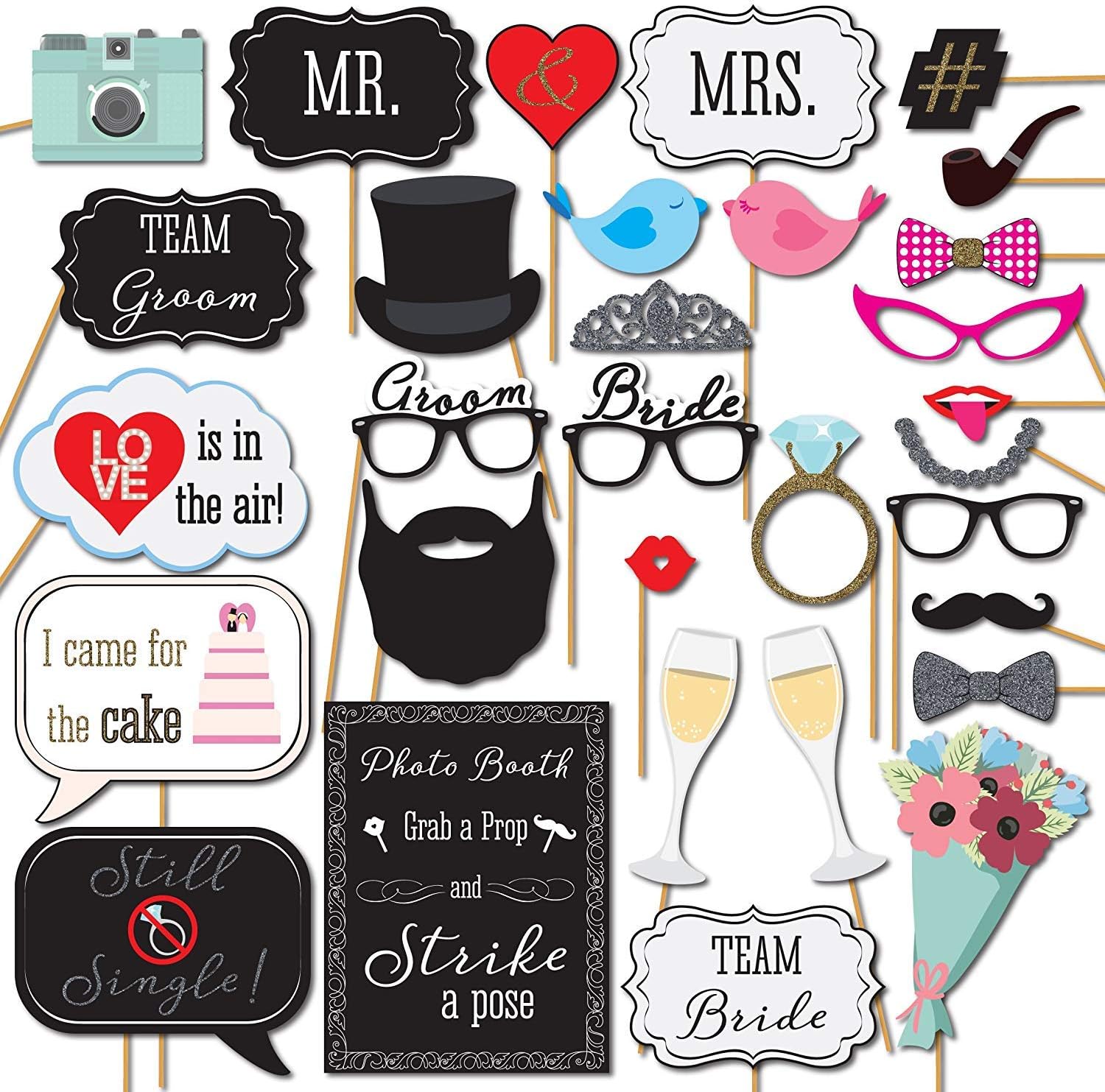 YZCXBirthday Wedding Photo Booth Props Party Favor Kit DIY Funny Posing Props for Kids Women Men (Wedding 30PCS)