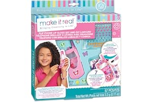 3C4G Make It Real Flip Phone Lip Gloss Set & DIY Lanyard - 7 Strawberry-Scented Lip Gloss Colors - Decorate with Gems & Stickers - Fun Makeup Kit for Girls for Kids Ages 6+