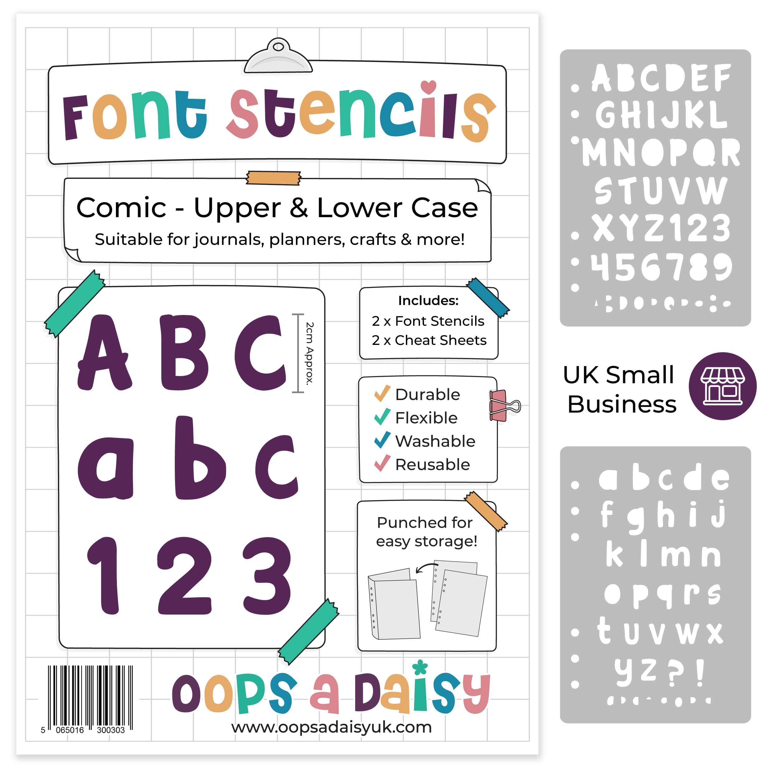 Lettering Font Stencil (Comic Font - 20mm Tall) - Upper and Lower Case Alphabet + Numbers - Reusable Template - Perfect for Dotted Journal Bullet Planner, Scrapbook, Paper Craft, Card Making