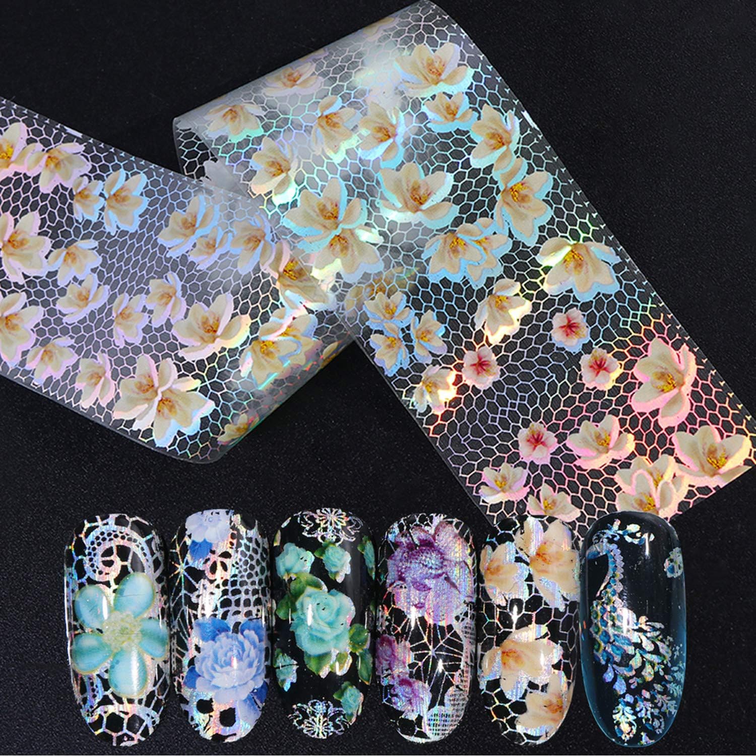 16pcs/Set Mix White Lace Nail Art Transfer Foils Holographic Flowers Designs Nail Stickers Decal Wraps Decoration Manicure