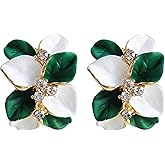 Navachi 18k Gold Plated White Crystal Double Enamel Leaves Flower Omega Back Earrings