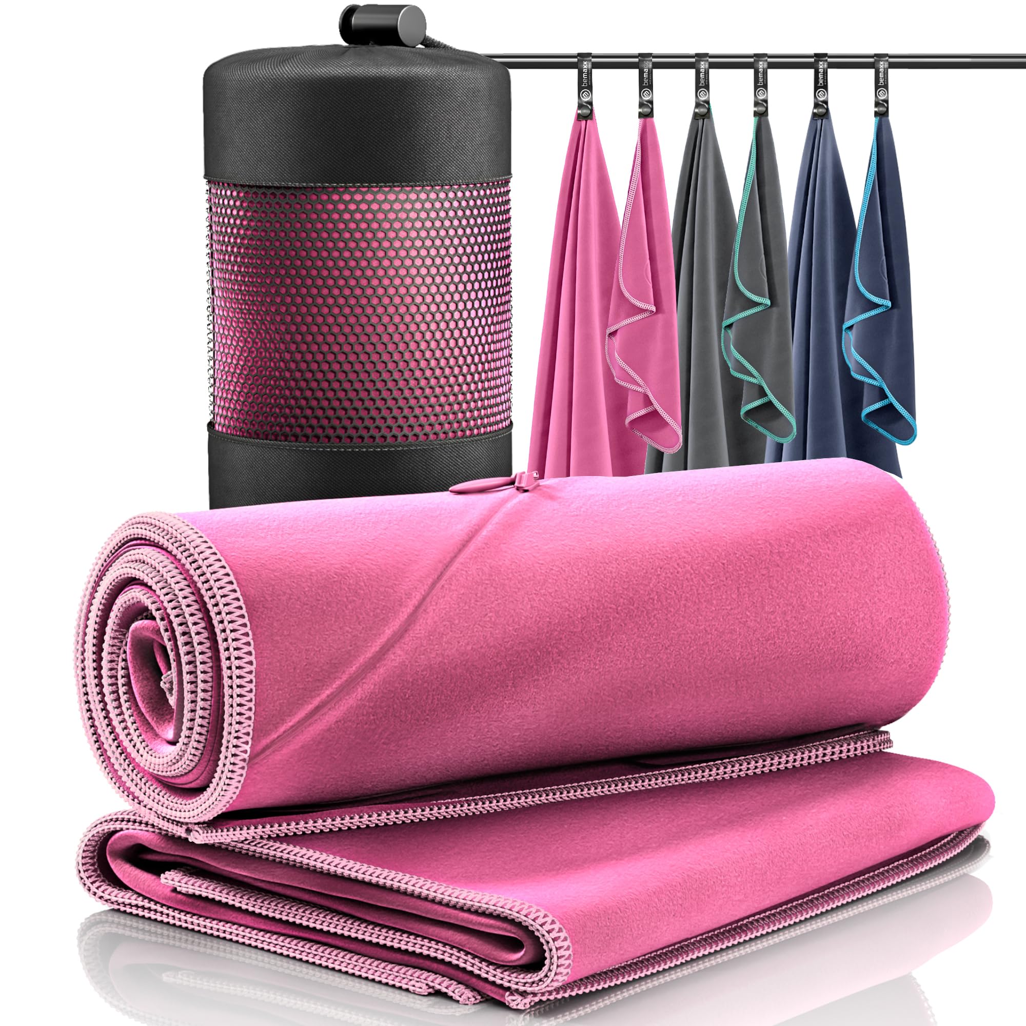 Microfibre Towel Set of 2 + Carry Bag | Large for Bath & Small for Face, Hair - Blue With Zip Pocket for Phone | Antibacterial & Ultra Quick Dry | Sports, Travel, Camping, Beach, Swimming (Pink)
