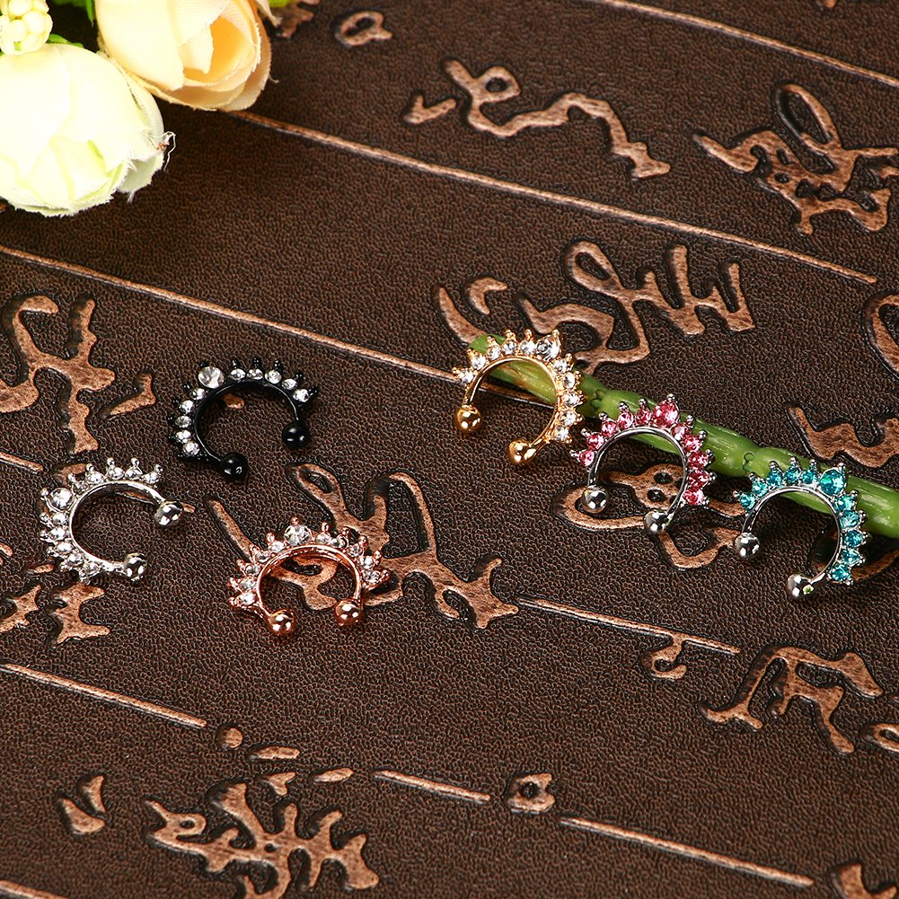 Septum Fake Nose Ring , 6PCS Women Crystal Faux Nose Rings Non-Piercing Jewelry Clip On Clicker Black/White/Gold/Rose Gold- Gift Choice (6PCS)