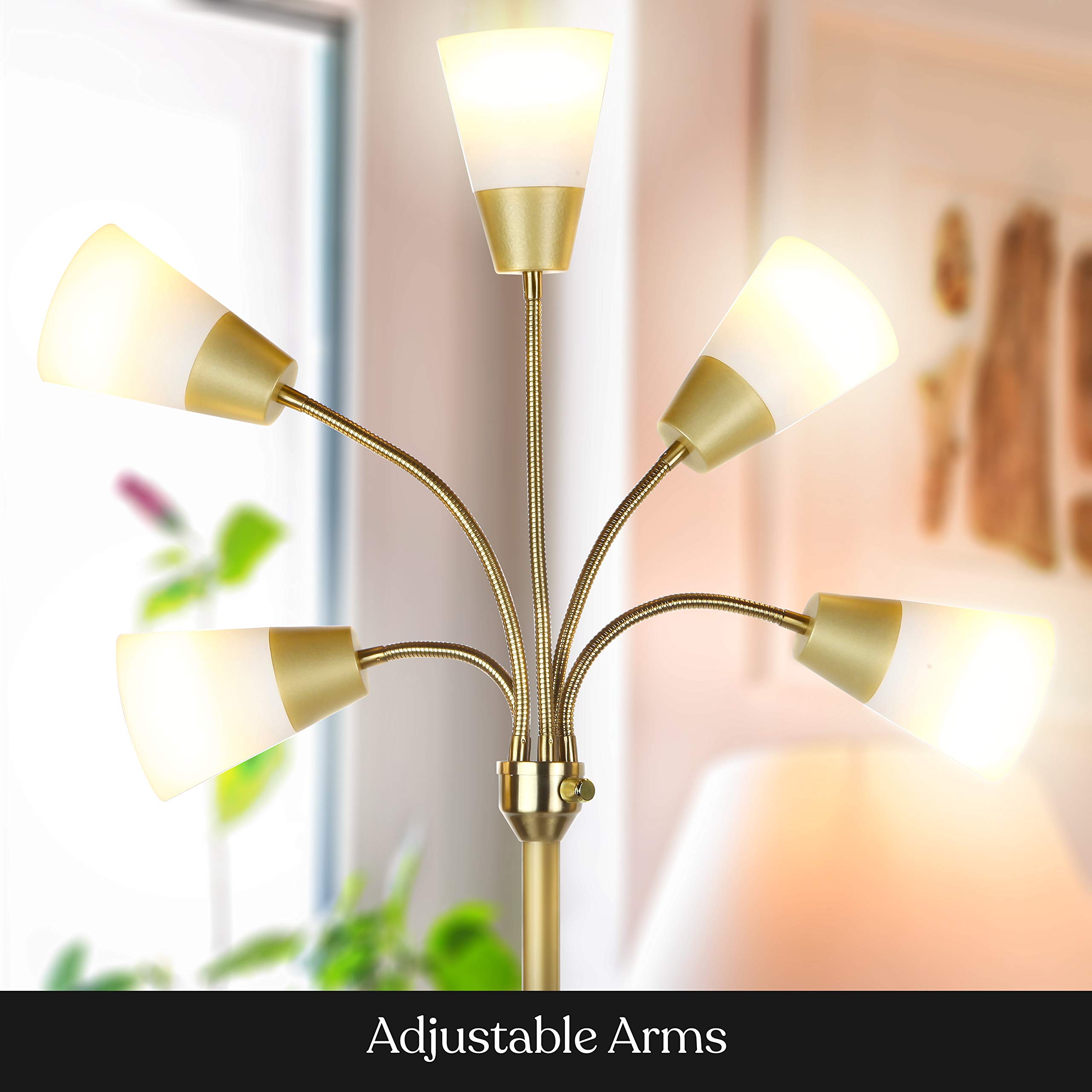Brightech Medusa Modern LED Floor Lamp – Multi Head Floor Lamp for Living Rooms & Offices – Tall Lamp with Interchangeable Shade, Standing Lamp with 5 LED Bulbs for Hobbies - Brass