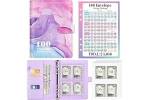Sooez 100 Envelopes Money Saving challenge with Reusable Tracker, Savings Challenges Book with Envelopes, A5 Money Saving Binder with Cash Envelopes Challenge Kit, Fun Way to Save $5,050,Purple Marble