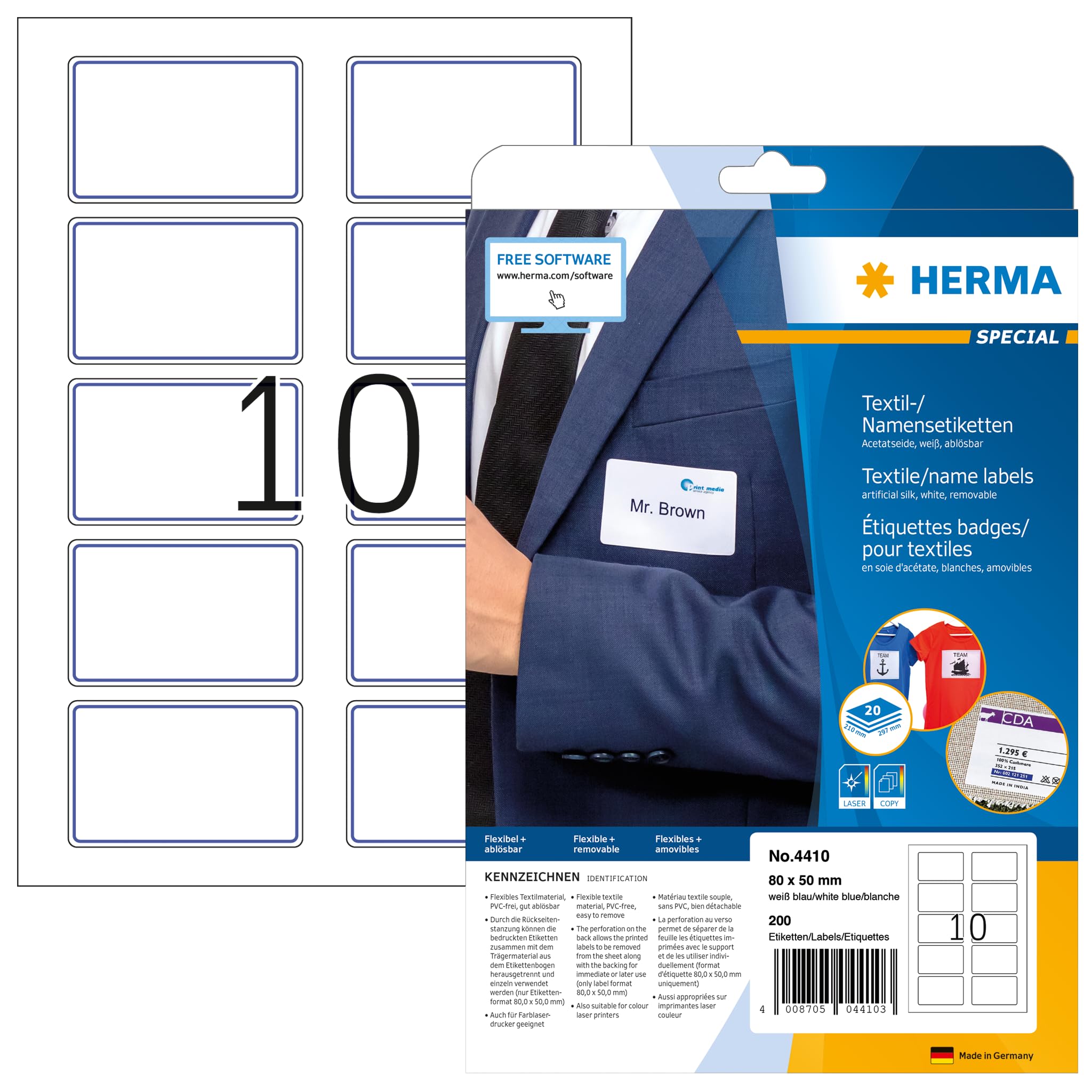 HERMA Self Adhesive Clothing Labels, 10 Labels per A4 Sheet, 20 Sheets, 80 x 50 mm, 200 Labels, Blank Removable Name Labels Stickers, Sticky Textile Labels for Laser & Inkjet Printer, White