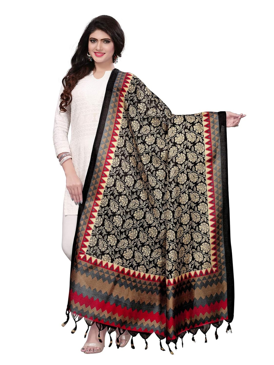 kanchnar women's balck and red and multi dupatta