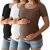 Riyiper 3 Pack Women's Maternity Cotton Ribbed Tops Scoop Neck Short Sleeve Pregnancy T-Shirts Side Ruched Mama Clothes