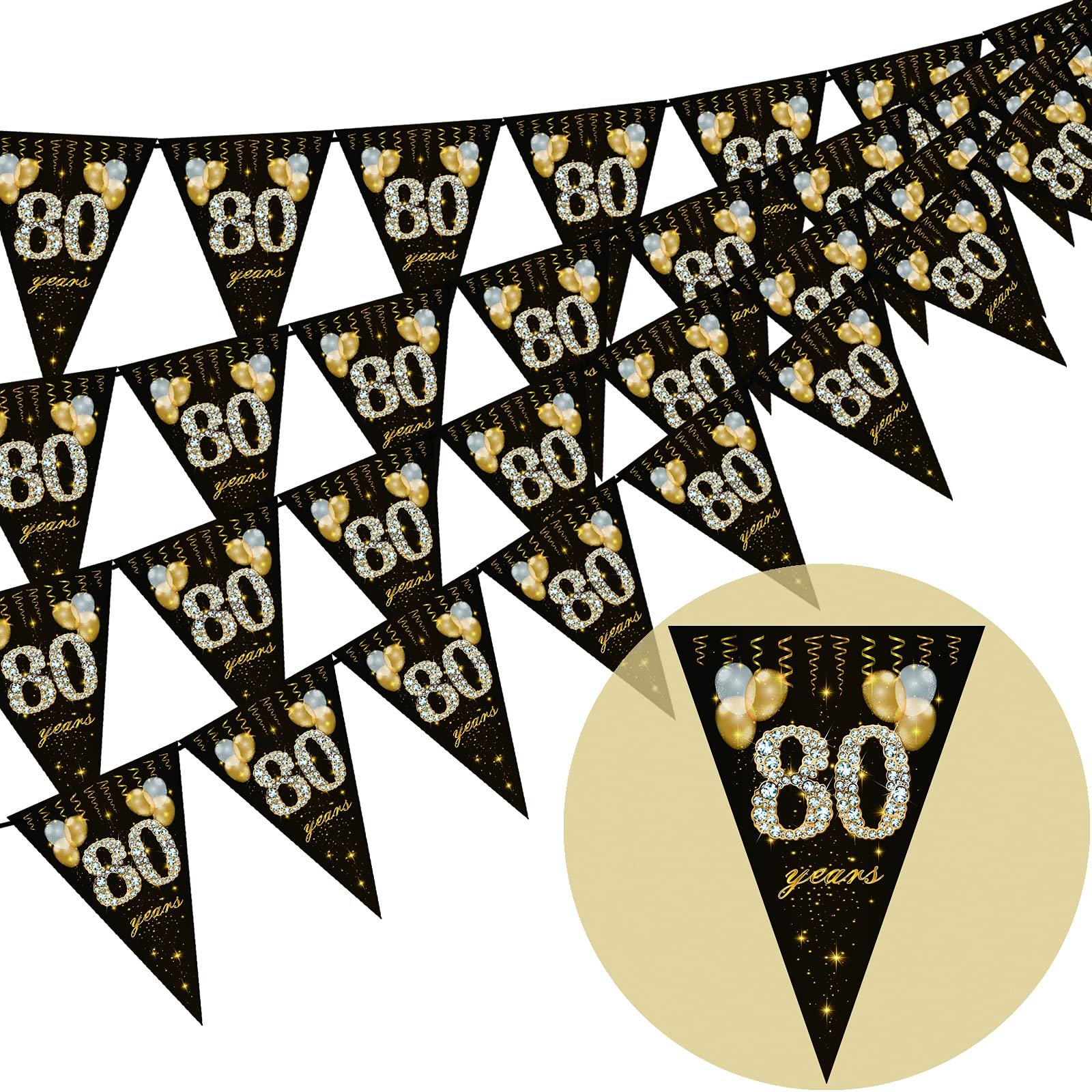 80th birthday bunting, Happy Banner Bunting Flags, 40 Pieces Triangle Gold Black Glitter Diamond by Numbers 80th Birthday Anniversary Theme Party Decoration Supplies