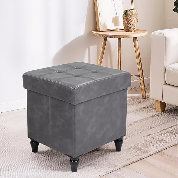GLAXYFUR STORAGE OTTOMAN BENCH, 15 INCHES FOLDABLE OTTOMAN FOOT STOOL WITH LEGS, PU LEATHER FOOTREST FOR LIVING ROOM, BEDROOM, DORM (GREY)