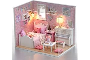 CUTEROOM DIY Miniature Dollhouse Kit with Furniture,Wooden Doll House Kit Plus Dust Cover & LED Lights,1:24 Scale DIY House K