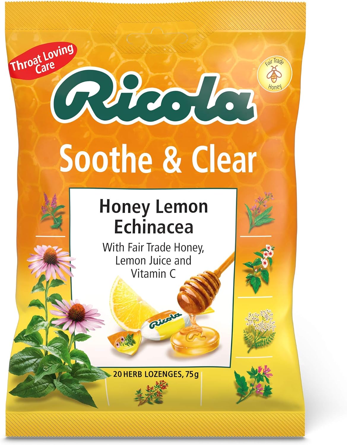 Ricola Honey Lemon and Echinacea Cough Drops Bag, Pack of 12, Naturally Effective Throat Lozenges, Cough Sweets,12 X 75 g