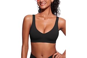 CRZ YOGA Womens V Neck Bikini Tops Bathing Suit V Back Wide Straps Swim Bra Padded Swimsuit