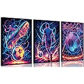 3Pcs Cool Soccer Canvas Wall Art Abstract Soccer Sneakers Posters Prints Paintings Neon Boys Football Themed Bedroom Wall Decor Artwork for Boys Room Teen Kids Playroom Decoration 12x16in