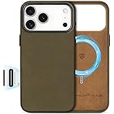 SHIELDON Top Grain Crazy Horse Leather Case for iPhone 17 Pro Max 6.9" 2025, [Camera Button Updated], Compatible with Magsafe, Magnetic Wireless Charging, Metal Button, Slim Protective Cover - Khaki