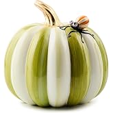 MACKENZIE-CHILDS Resin Pumpkin, Small, Fergal&rsquo;s Friend Spider, Moss Stripe | Hand-painted design, small decorative fall, Halloween, and Thanksgiving figurine, 7" W x 8" H