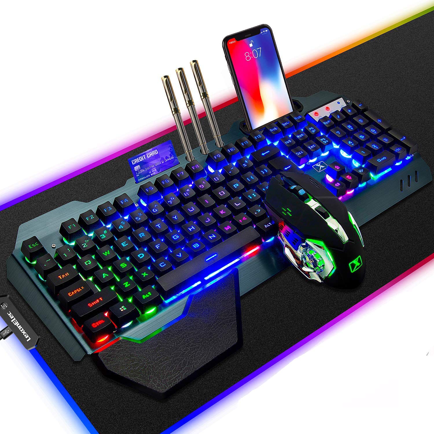 2.4 GHz Wireless Rechargeable Keyboard Mouse Combo Set 3800mAh Long Battery Life Unifying USB-Receiver Rainbow Backlit Gamer Keyboard 2400DPI 7 Colors Breathing Optical Mouse Mice Compatible with Pc