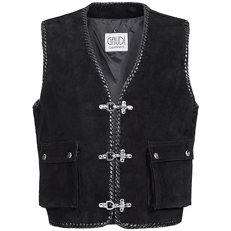 Gaudi-Leathers Herren Lederweste Kutte Biker Rocker Weste Motorrad Clubweste in Veloursleder mit aufgesetzten Taschen, der Ma