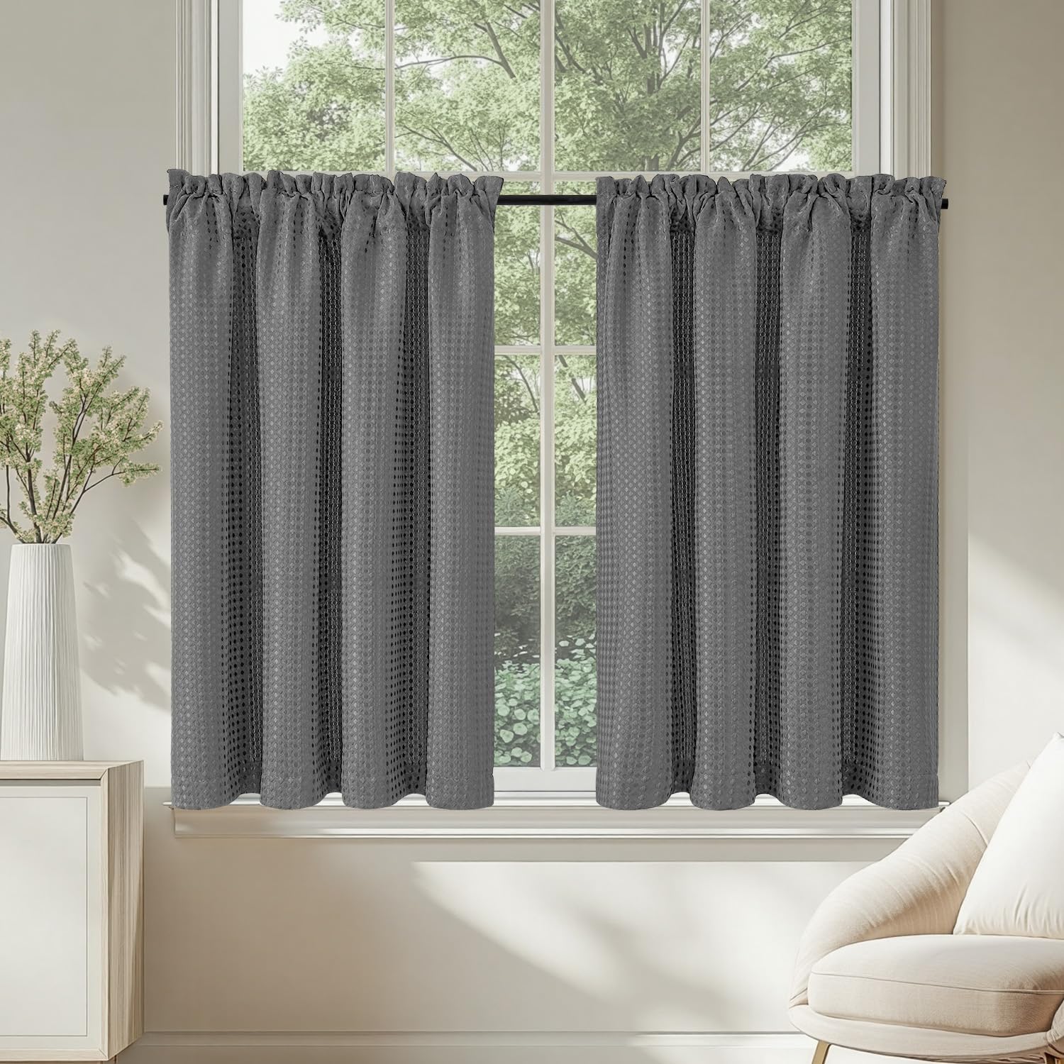 TOPICK Grey Kitchen Curtains 36 Inch Drop Small Cafe Curtains Waffle Weave Textured Curtain Tiers for Bathroom Sink Laundry Half Window Rod Pocket 2 Panels
