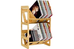 Ackitry Bamboo Vinyl Record Storage, 180-200 LPs Storage Record Holder for Albums, 2 Tier Record Stand Shelf with Dividers, Vinyl Record Display Rack Organizer for Book, Magazine, Files