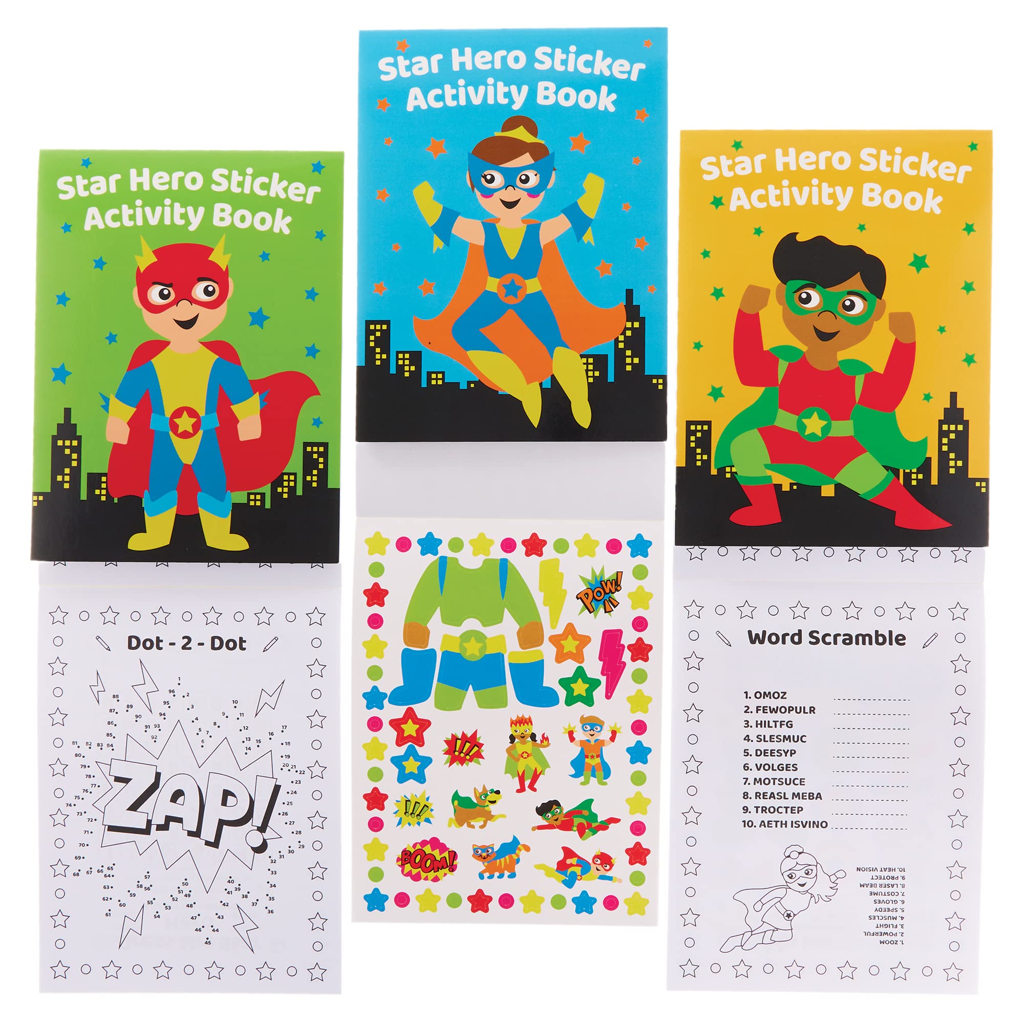 Baker Ross FX733 Star Hero Sticker Activity Books - Pack of 8, Sticker Book Party Bag Fillers for Kids
