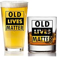 Old Lives Matter Beer Glass + Whiskey Scotch Glass - Funny Retirement or Birthday Gifts for Men - Unique Gag Gifts for…