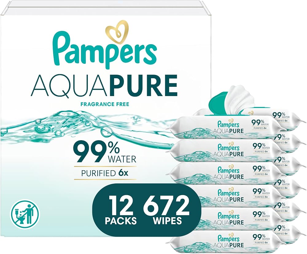 Pampers Aqua Pure Baby Wipes, 99% Water, Fragrance Free, Unscented, Water Based, Multi-Use, 672 Wipes Total (12X Flip-Top Pac