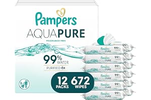 Pampers Aqua Pure Baby Wipes, 99% Water, Fragrance Free, Unscented, Water Based, Multi-Use, 672 Wipes Total (12X Flip-Top Packs) [Packaging May Vary]