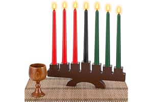 DERTE 10 Pcs Kwanzaa Kinara Set - 3 Red, 3 Green, 1 Black Kwanzaa Candles Holder with Bamboo Table Mat & Wooden Wine Goblet for Celebration Decoration