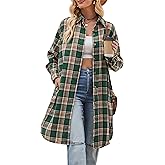 Zontroldy Women's Mid Long Casual Button Down Long Flannel Shirts Plaid Shacket Jacket with Pockets