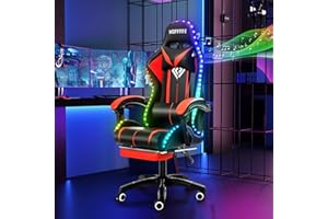 HOFFREE RGB Gaming Chair with Speakers Massage Computer Gaming Chair with LED Lights and Footrest High Back Video Game Chair for Adults Red and Black