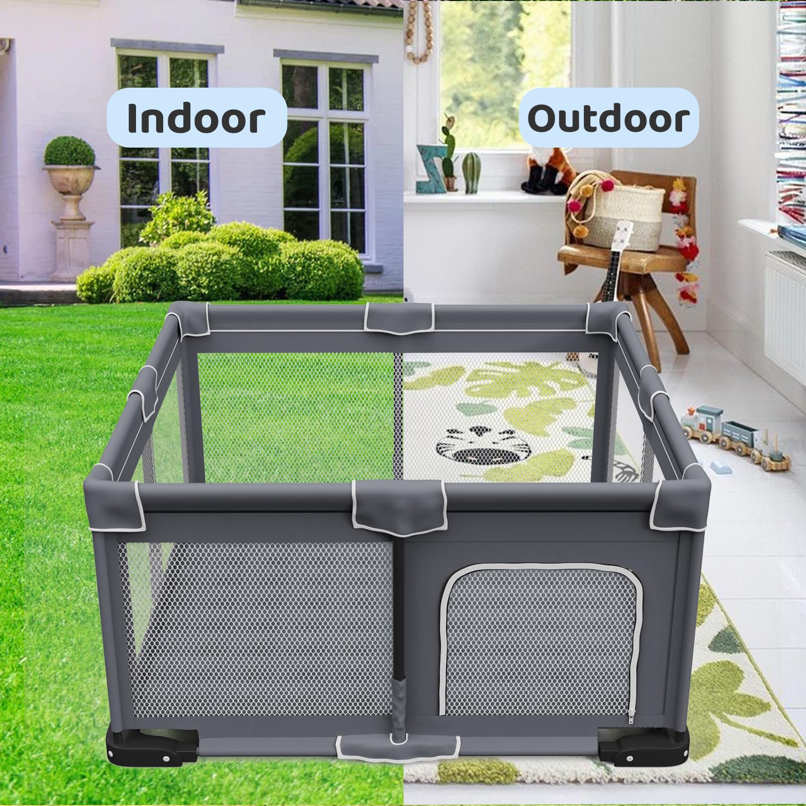 Grobeybees Foldable Baby Playpen with Mat, Foldable Playpen for Babies and Toddlers, Folding Portable Kids Play Pen, Collapsible Play Yard with 2 Handles + Suitable Size Mat(Grey, 50x50 inches)