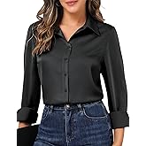 OLICE Silk Satin Blouse for Women Long Sleeve Button Down Shirt Business Casual Workwear Top Black XL