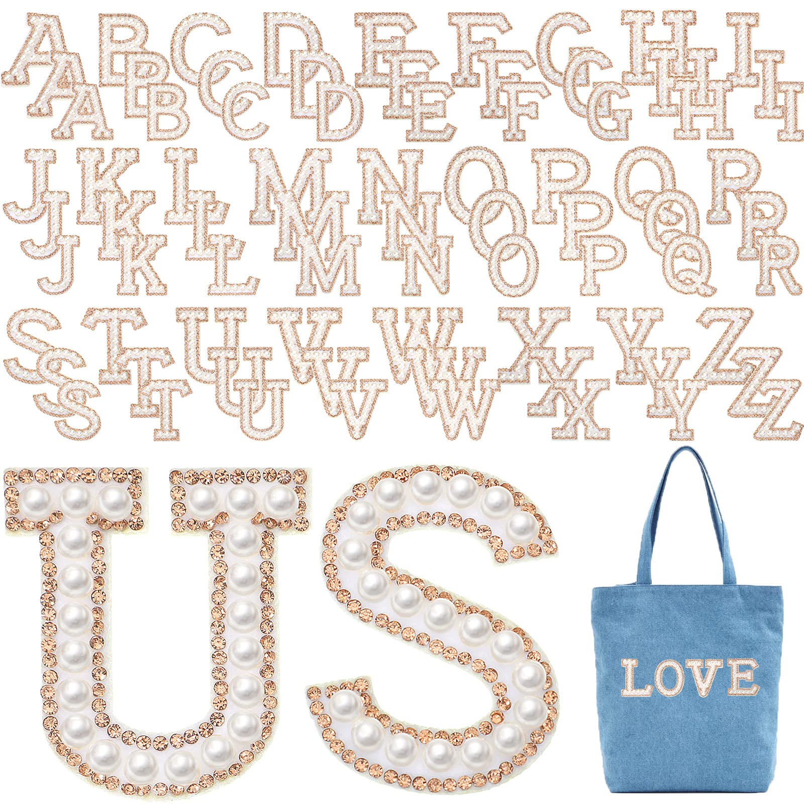 Photo 1 of WILLBOND 78 Pcs Pearl Letter Patches Pearl Iron on Letter Patches Rhinestone A-Z English Rhinestone Glitter Alphabet Repair Embroidered Sew on Appliques(White Gold)
