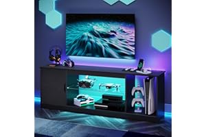 Bestier TV Stand with Power Outlets for Bedroom, Gaming TV Stand for 65inch TV, Black Entertainment Center for PS5, TV Console with Adjustable Glass Shelves for Living Room, Black