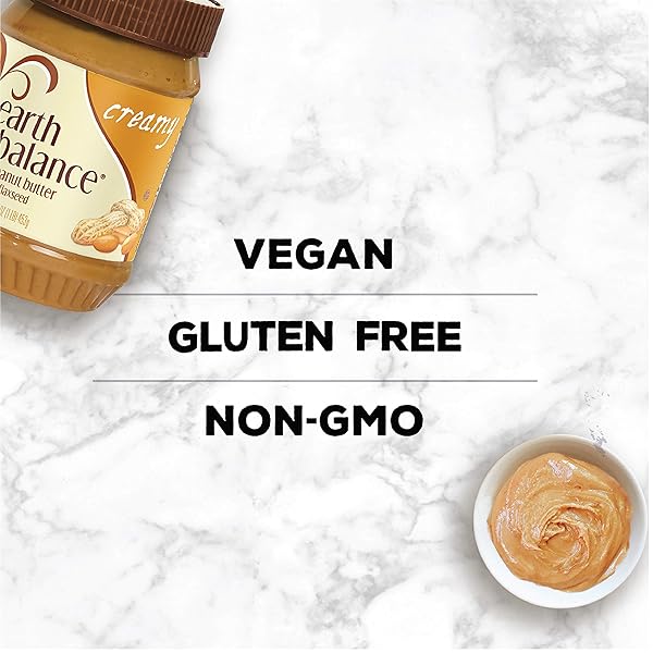 EARTH BALANCE CREAMY PEANUT BUTTER AND FLAXSEED SPREAD, VEGAN AND GLUTEN FREE, 16 OZ