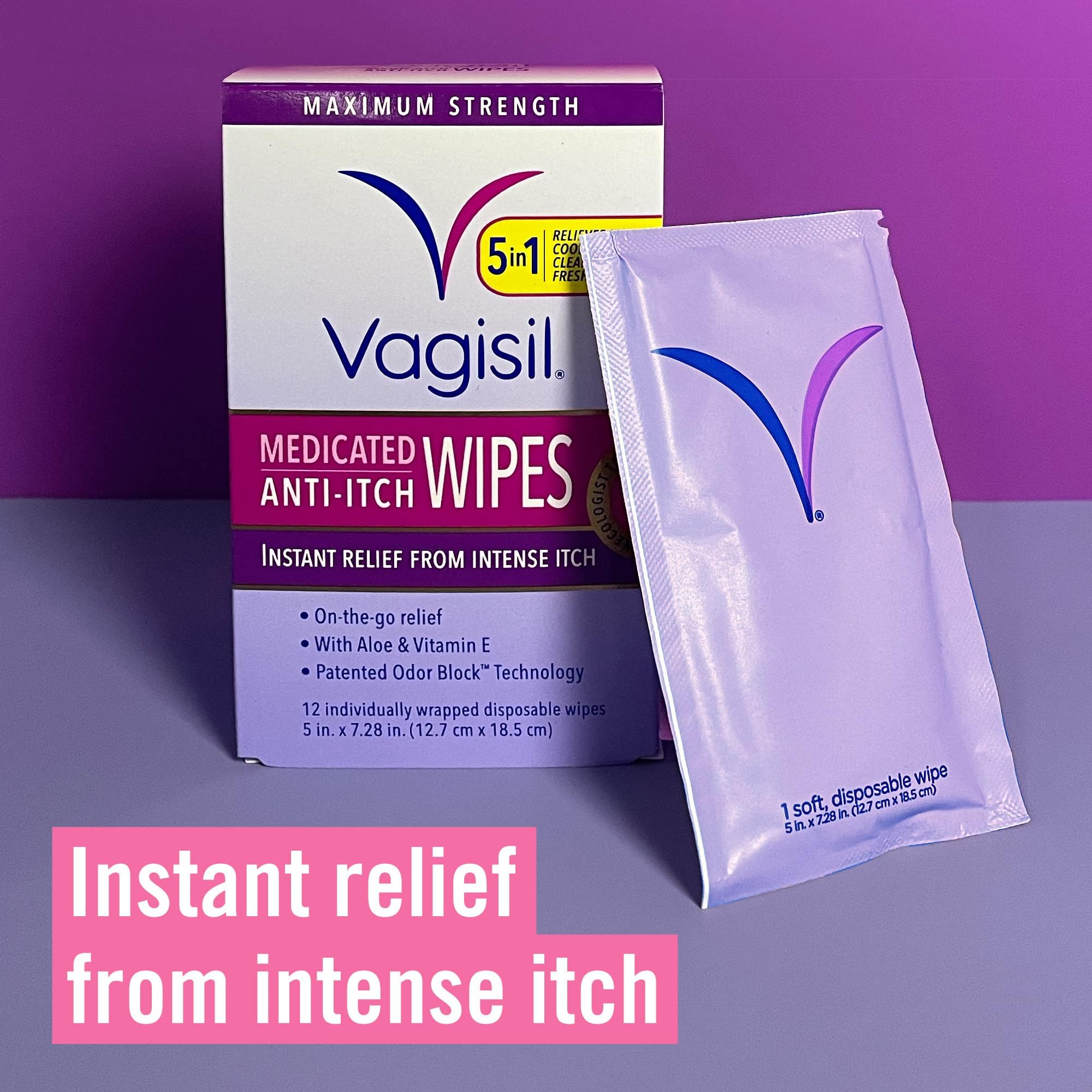 Vagisil Anti-Itch Medicated Feminine Intimate Wipes for Women, Maximum Strength, Gynecologist Tested, 12 Wipes (Pack of 3)