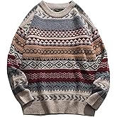 Flygo Men's Vintage Grandpa Sweater Crewneck Oversized Striped Aztec Cable Knit Pullover Unisex Jumper Tops