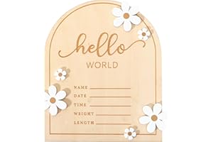 WAOUH Wooden Hello World for Baby Showers - Newborn Birth Announcement Board,Daisy Wooden Baby Milestone Card,Welcome Baby Shower Gifts,Hello World Hospital Nursery Information Record Board (Hello World)