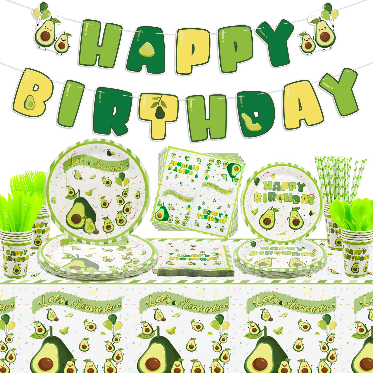 Photo 1 of Fruit Avocado Party Supplies, Avocado Theme Tableware Party Pack for Girls, Kids, Includes Happy Birthday Banner, Dinner Plates, Dessert Plates, Cups, Napkins, Avocado Tablecloth, Cutlery Serves 20