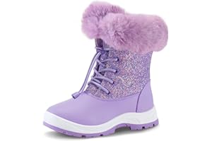 K KomForme Girls Glitter Snow Boots Kids Bungee Lacing Warm Faux Fur-Lined Anti-Slip Outdoor Winter Shoes Toddler/Little Kid/Big Kid