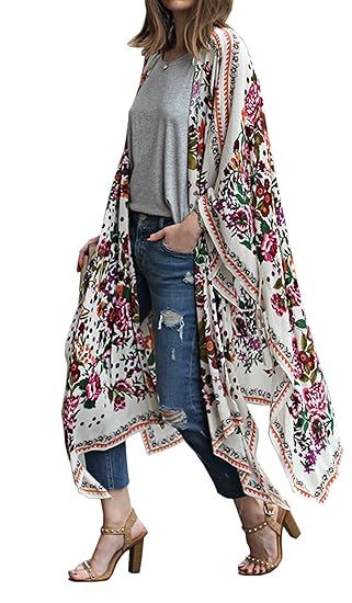 Hibluco Damen Florale Kimono Cardigan Strand Chiffon Bluse Tops Bikini Cover up