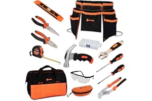 JOY TOWN JoyTown Kids Real Tool Set - Junior Steel Forged Tool Kit for Children with Real Hand Tools, Kids Tool Belt, Portable Tool Bag, Perfect Learning Tools for Home DIY (Orange & Black)