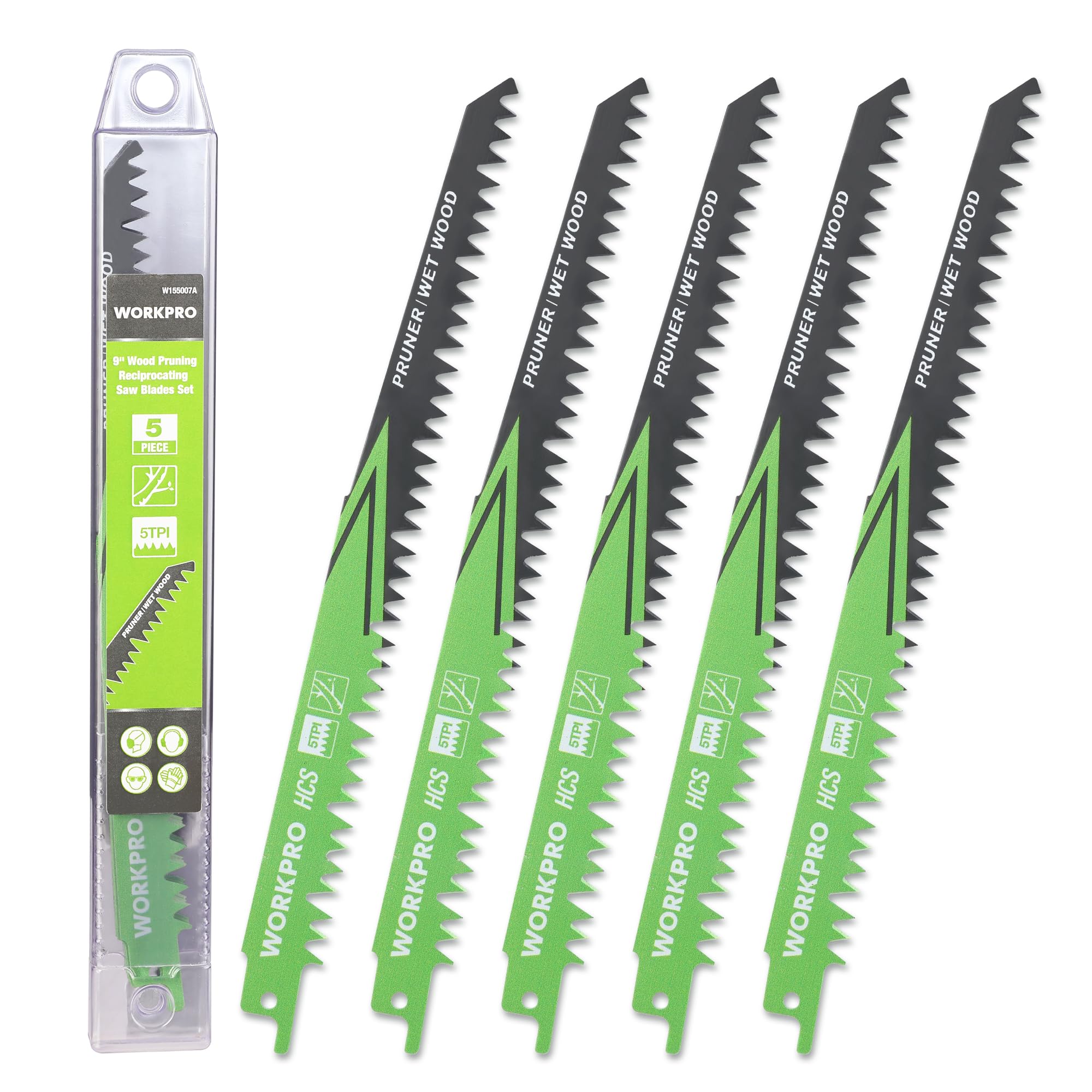 WORKPRO 230mm 5-Piece Reciprocating Saw Blades Set, Sabre Saw Blades for Cutting Branches, Wet Wood, 5TPI Saw Blades Set with Plastic Storage Box, Compatible with Most Reciprocating Saw